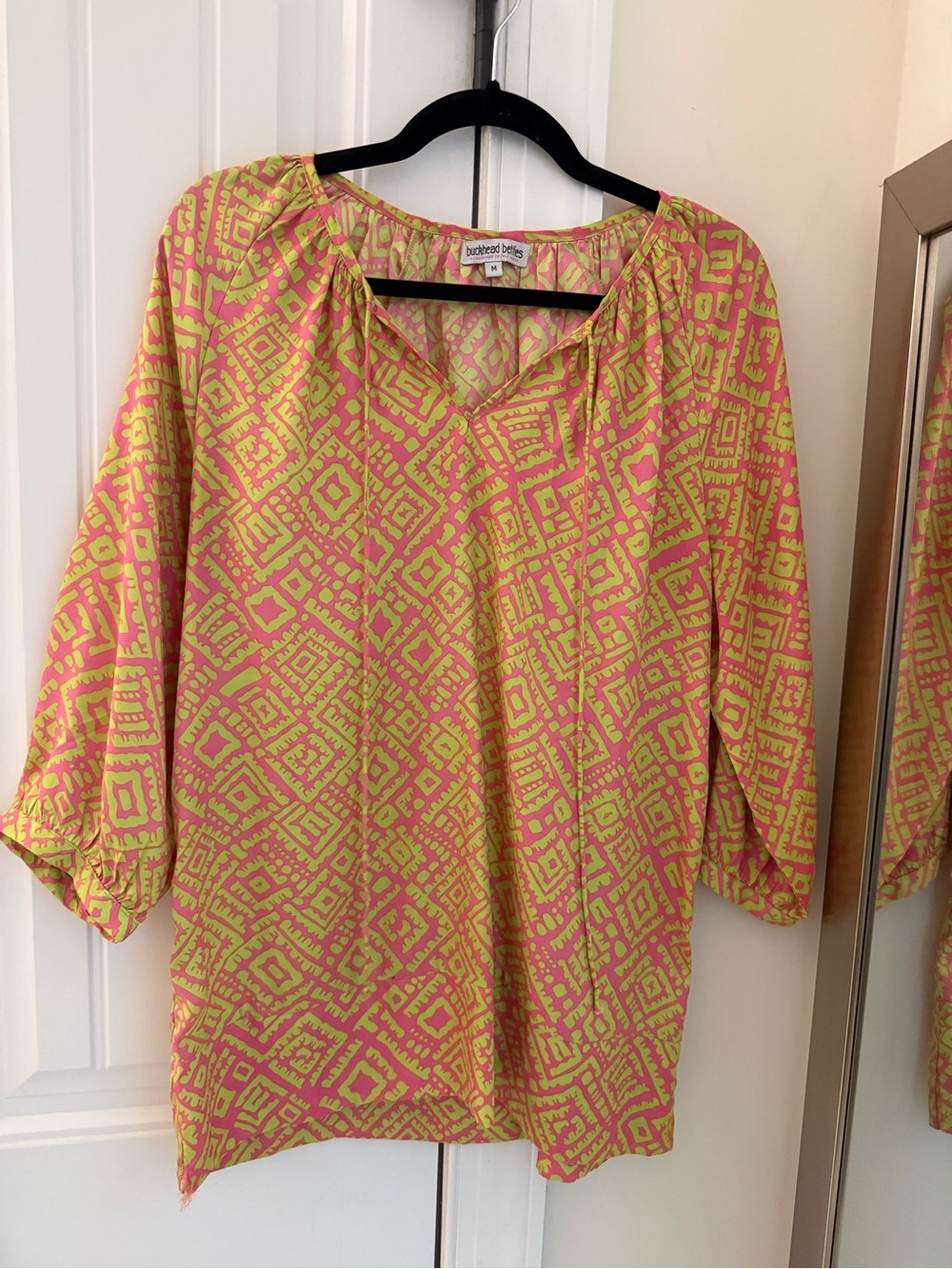 Pink & Lime Geometric Peasant Top